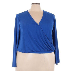 Women's Plus 1X Long Sleeve Wrap Top• Surplice V Neck Dress Blouse•Blue• NWT